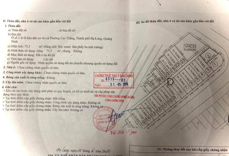 Bán lô D-2 KĐT Ao Cá – Bò Sính . DT:75.3m2,MT:7.8m.H:Đông Bắc