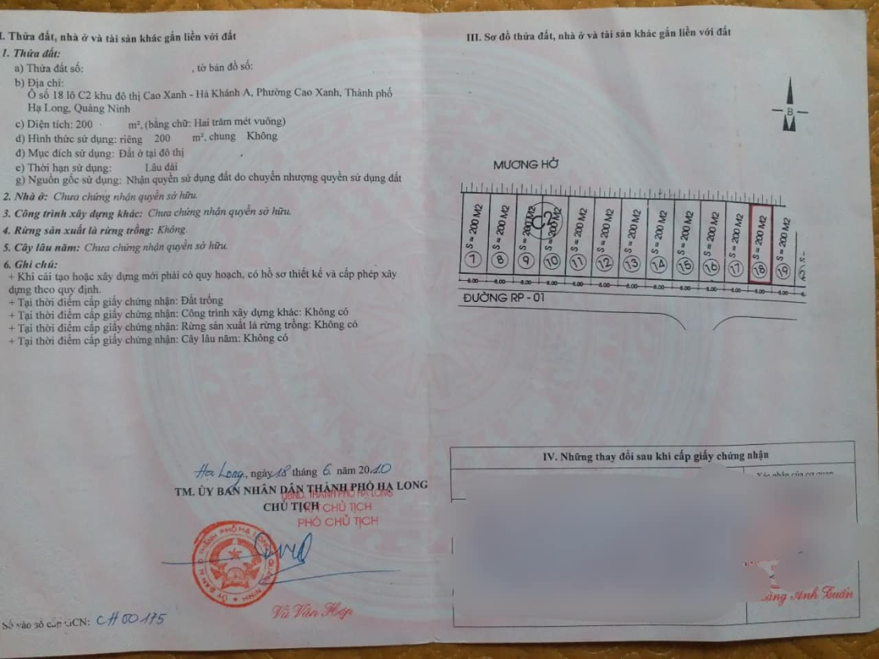 Bán Lô C2-18 KĐT Cao Xanh,Hà Khánh A. DT:200m2,MT:8m.H:TN