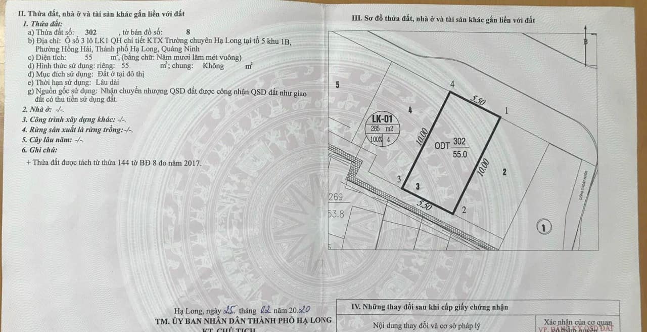 Bán đất Ngõ 4 Nguyễn Văn Cừ,P.Hồng Hải. DT:55m2,MT:5.5m