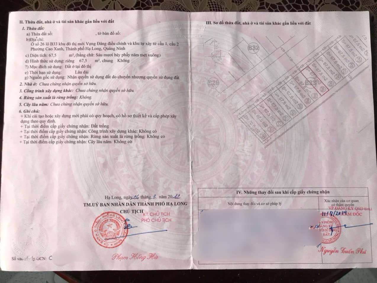 Bán Lô B33 KĐT Vựng Đâng thông Cao Xanh. DT:67.5m2,MT:4.5m.H:Tây Bắc !!!