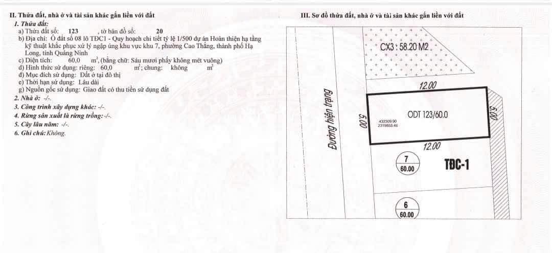 Bán Đất TĐC K7,8 Cao Thắng,Hạ Long. DT:60m2,MT:5m.H:ĐB+TB !!!