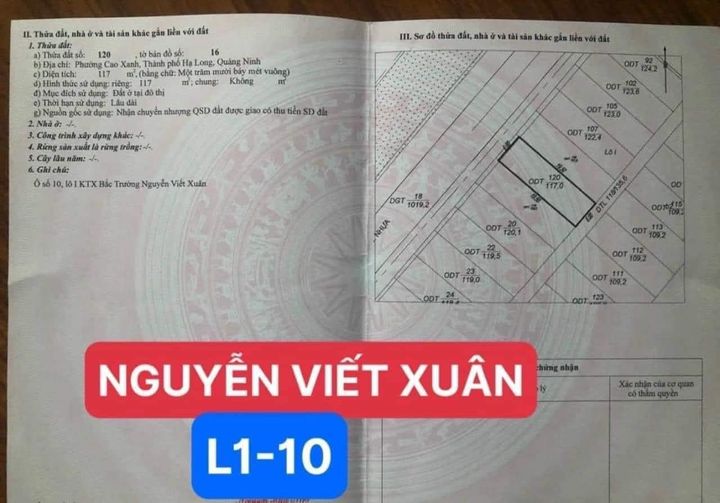Bán L1-10 TĐC Nguyễn Viết Xuân,Hà Khánh B.DT:117m2,MT:6m.H:TB