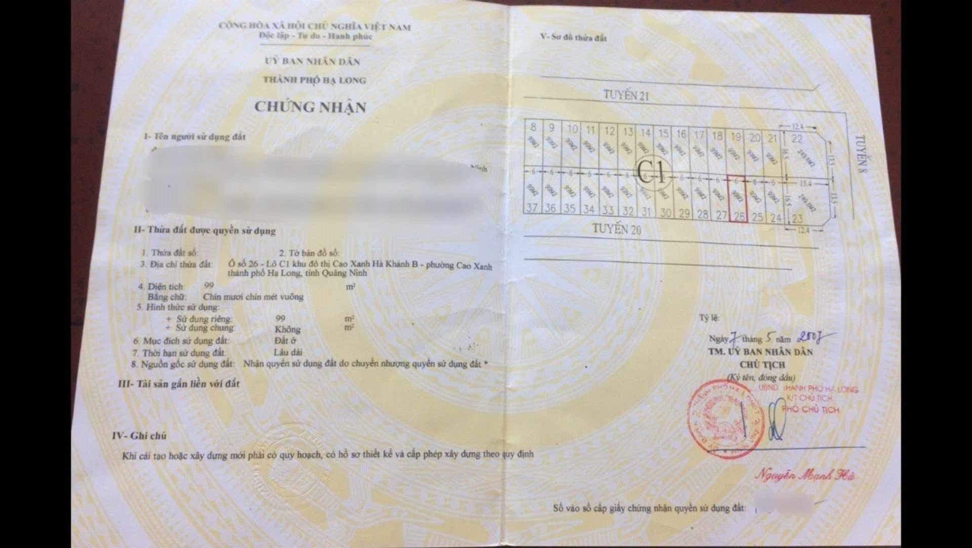 Bán Lô C1 KĐT Cao Xanh,Hà Khánh B. DT:99m2,MT:6m.H:Đông Nam !!!