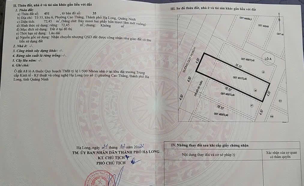 Bán Đất Phân Lô Ngõ 13 Cao Thắng,P.Cao Thắng. DT:72.45m2,MT:4.5m !!!