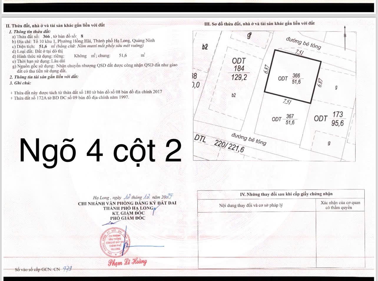 Bán 2 Ô Đất Ngõ 4 Nguyễn Văn Cừ,P.Hồng Hải. DT:51.6m2,MT:6.57m Ô Góc !!!