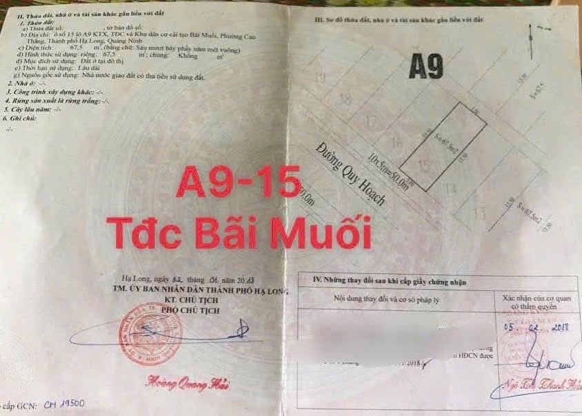 Bán A9-15 Đất TĐC Bãi Muối.P.Cao Thắng. DT:67.5m2,MT:5m.H:ĐB