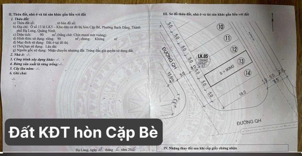 Bán Đất KĐT Hòn Cặp Bè View Biển,TP Hạ Long. DT:90m2,MT:5m !!!