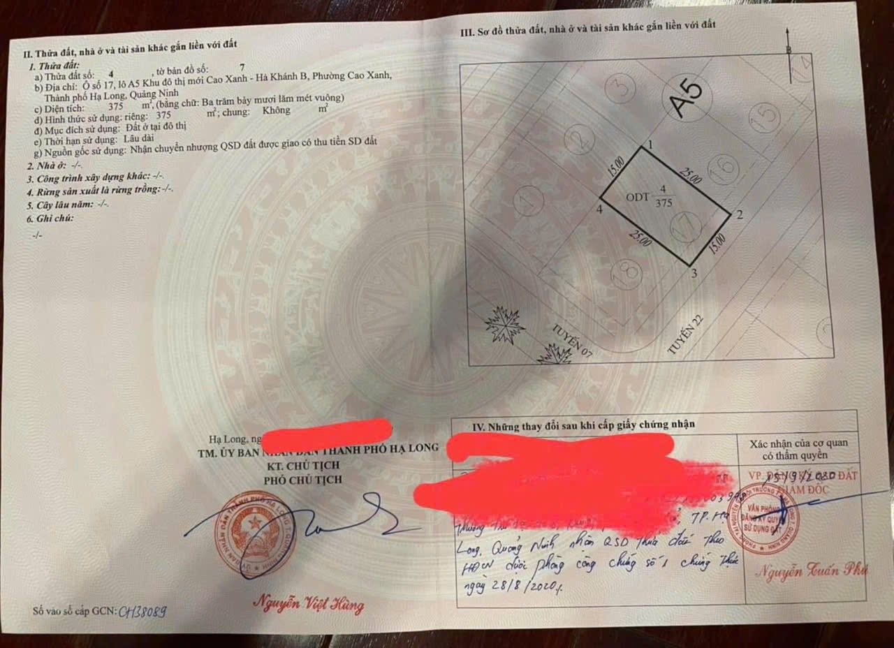 Bán Lô A5-17 KĐT Cao Xanh Hà Khánh B. DT:375m2,MT:15m Siêu Đẹp !!!